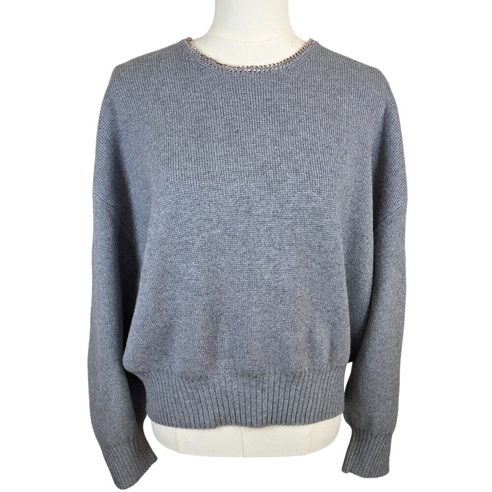 Reiss Gray Nadine Chain Necklace‎ Wool-Blend Sweater w/Balloon Sleeves